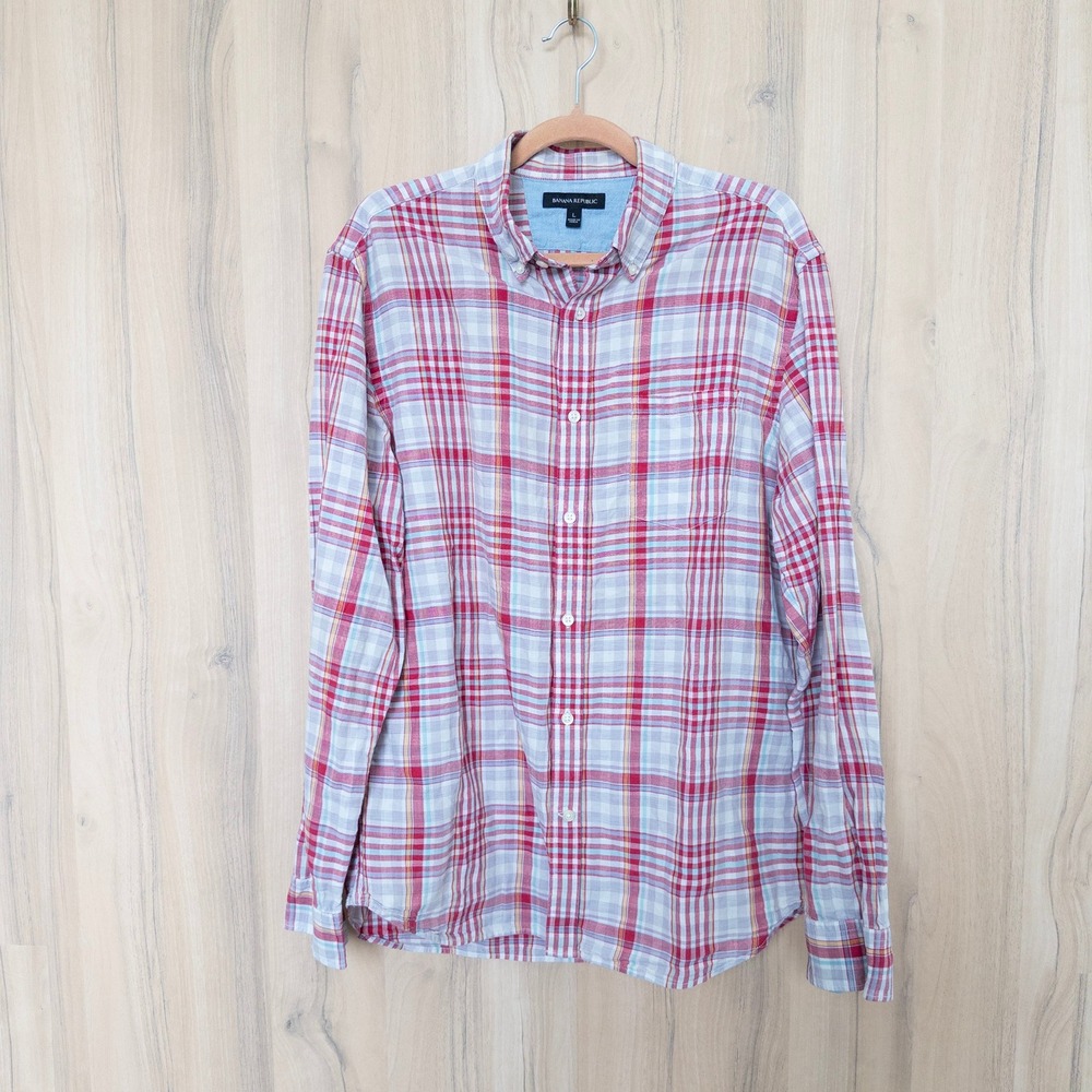 Banana Republic Mens Linen Plaid Button Down Shirt Large Red Long Sleeve Preppy